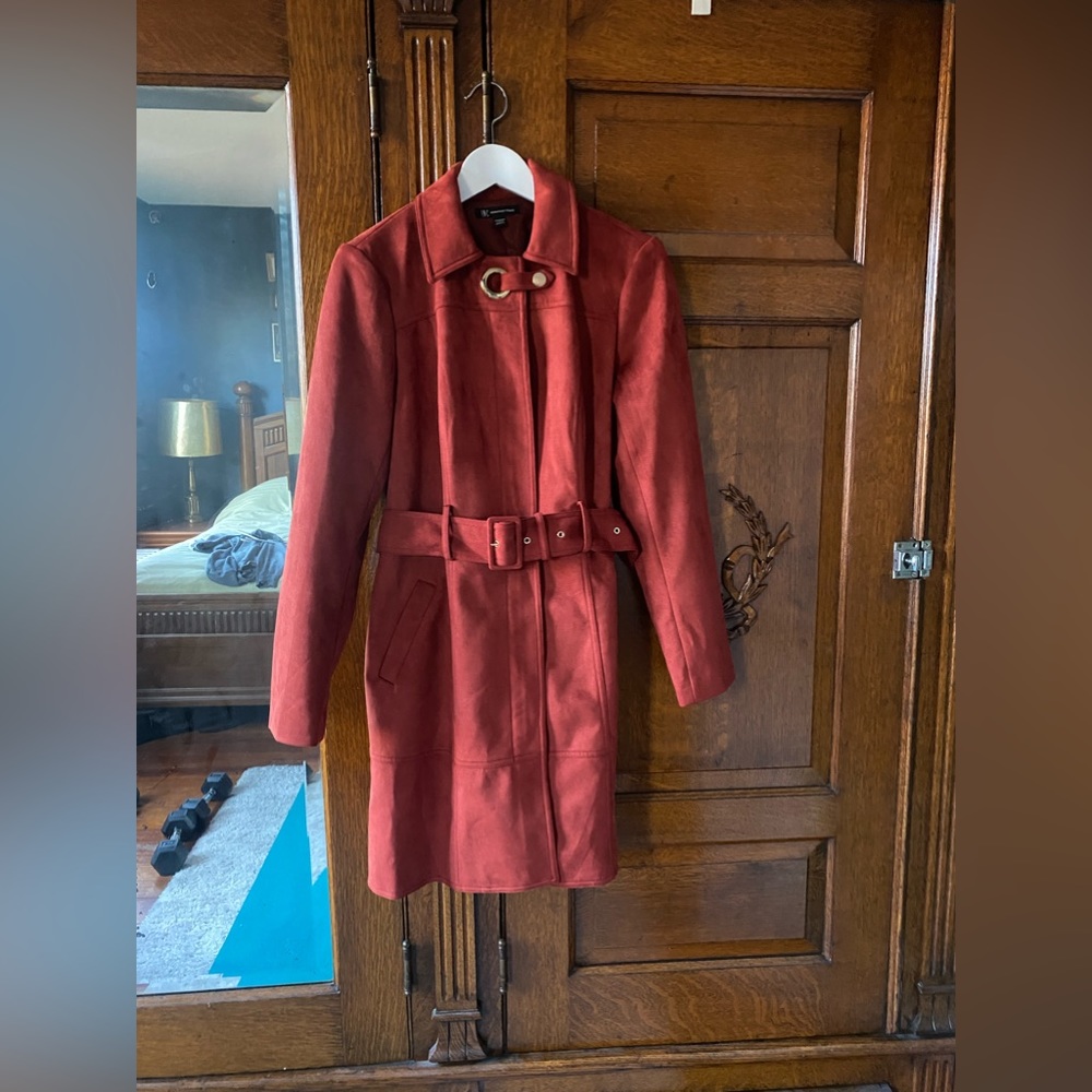INC Rust Faux Suede Belted Trench Coat